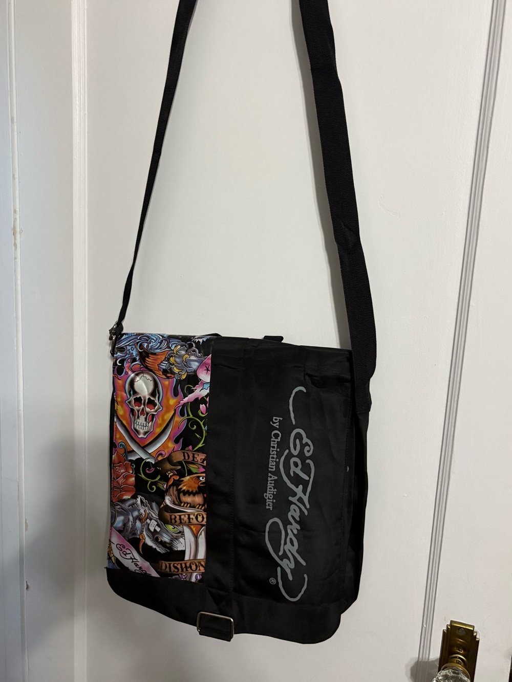 Ed Hardy Black Messenger Bag with Multicolor Tattoo Panel